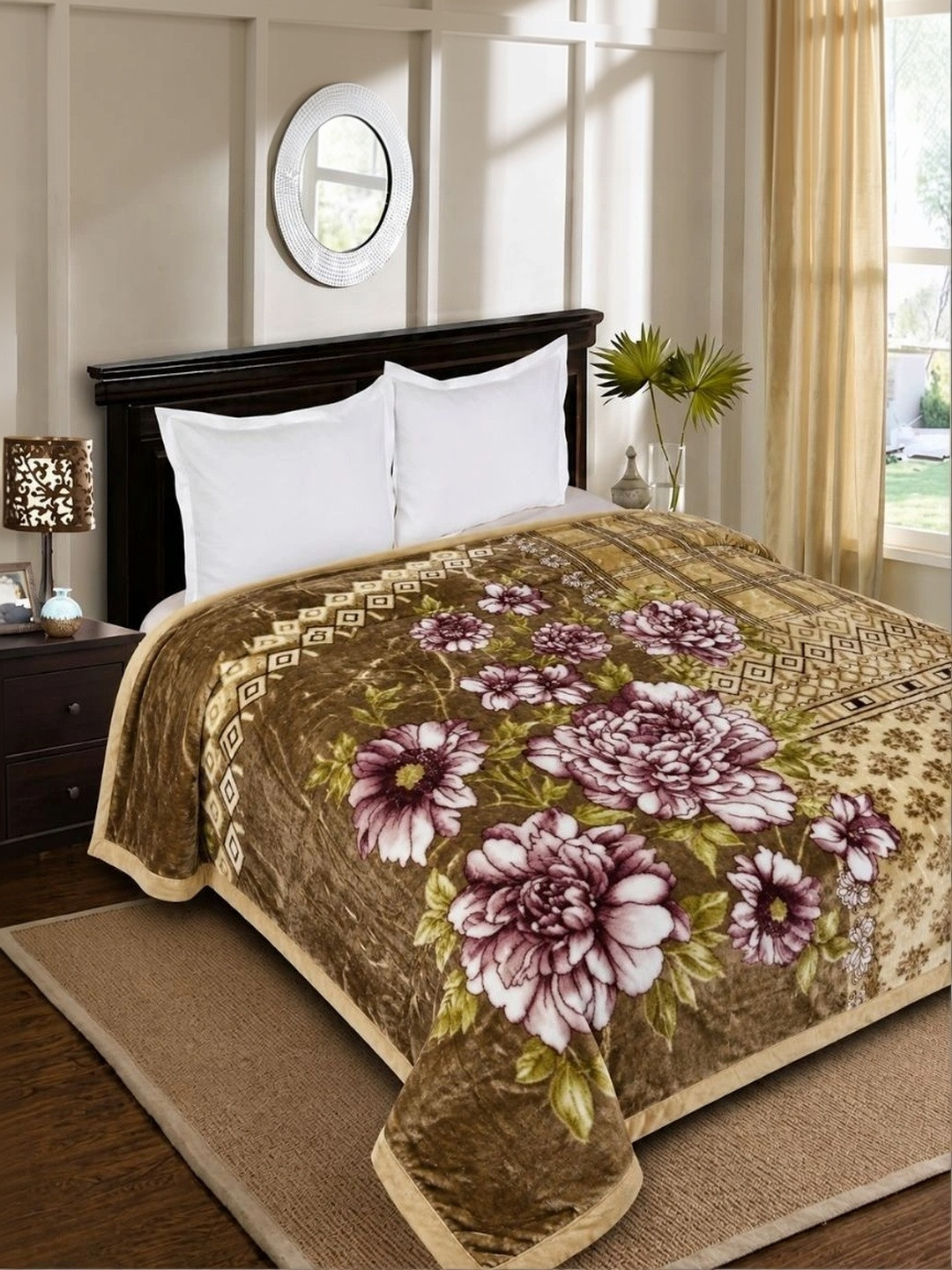 Signature Camel Brown Floral Microfiber Blanket