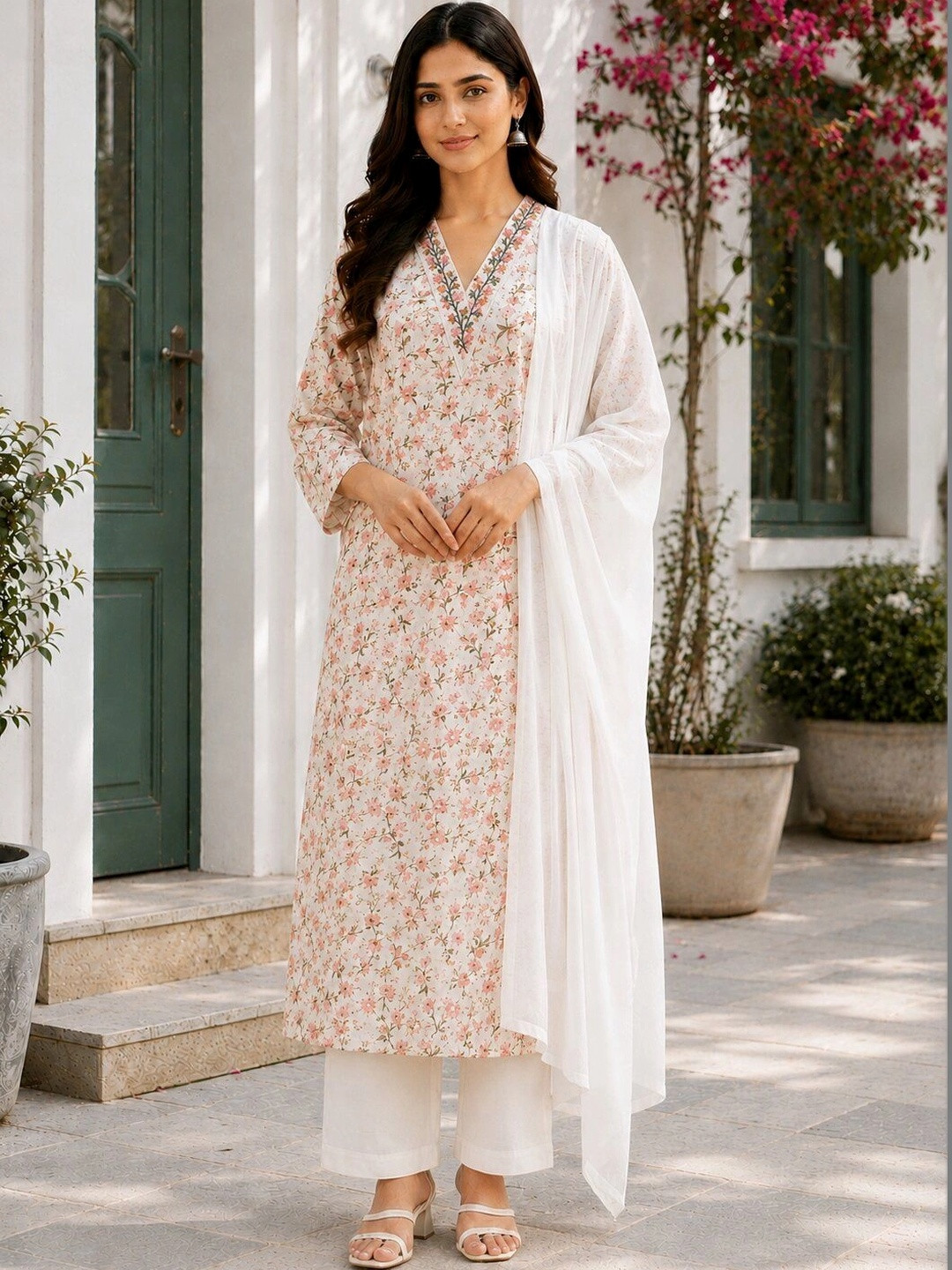 FABZARI Women Floral Printed Regular Thread Work Pure Cotton Kurta with Palazzos & With Dupatta