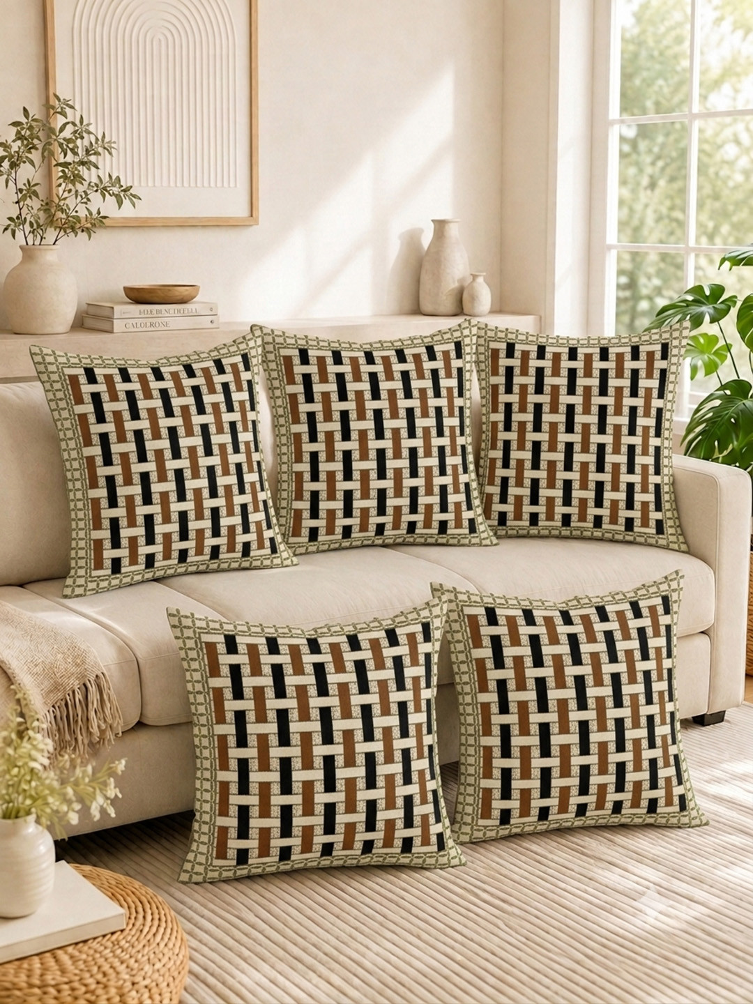 ROMEE Beige & Gold-Toned Set of 5 Self Design Square Cushion Covers