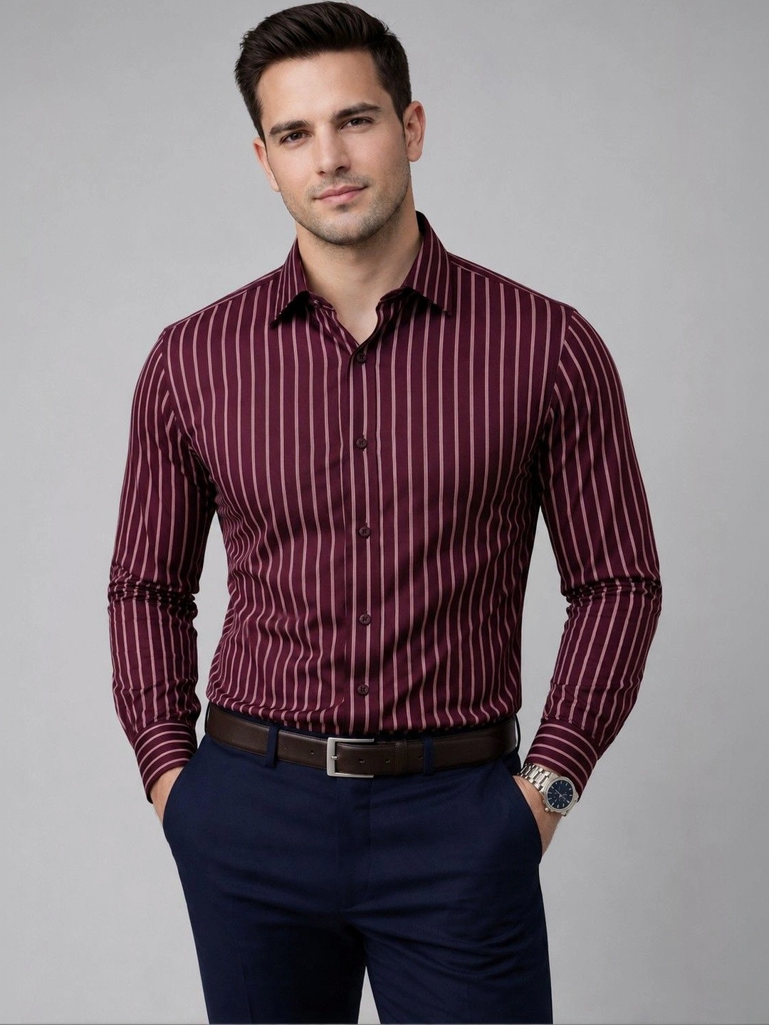 Studio-9 Men Classic Slim Fit Striped Formal Shirt