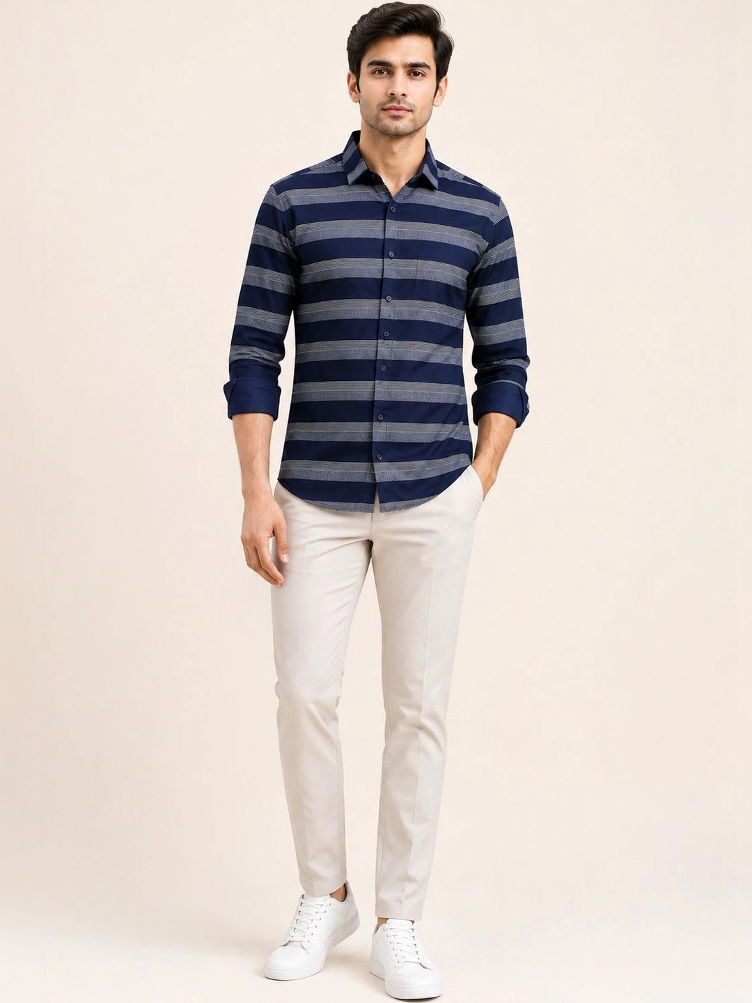 SZN Men Slim Fit Horizontal Stripes Striped Casual Shirt
