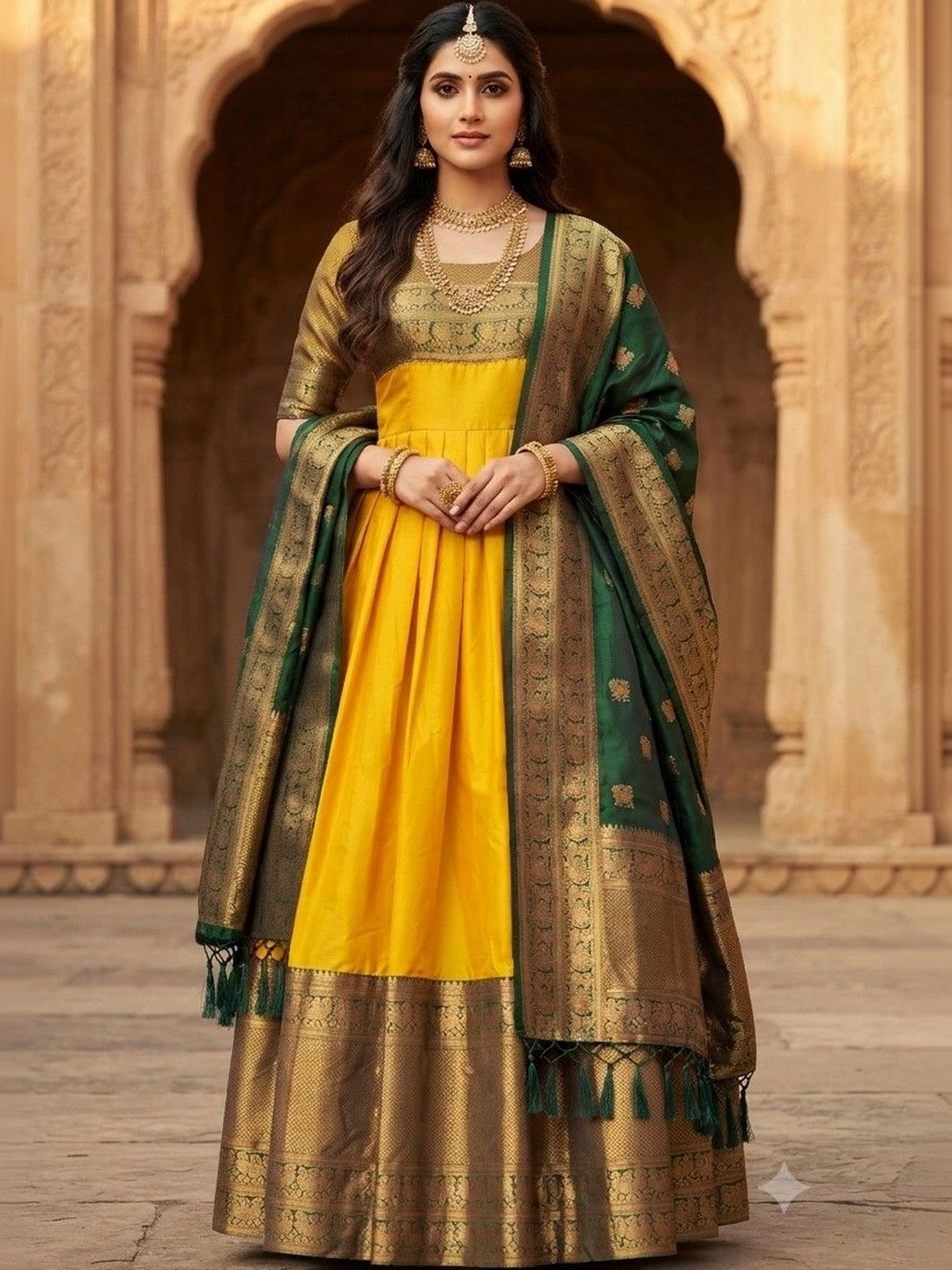 SmileyFashion Woven Design Round Neck Maxi Dress With Dupatta
