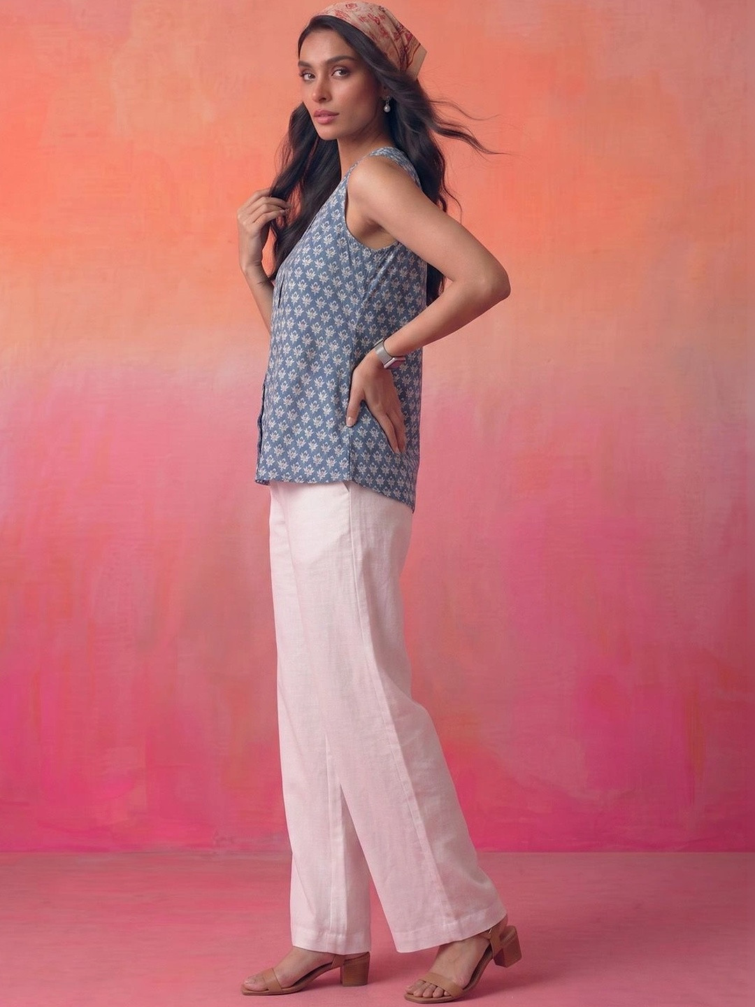 AADVIKA Blue Block-Print Sleeveless Cotton top