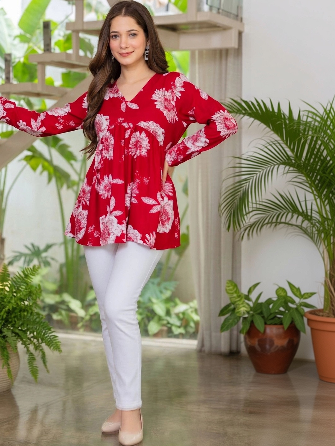 AurexWear Floral Printed V-Neck Empire Kurti