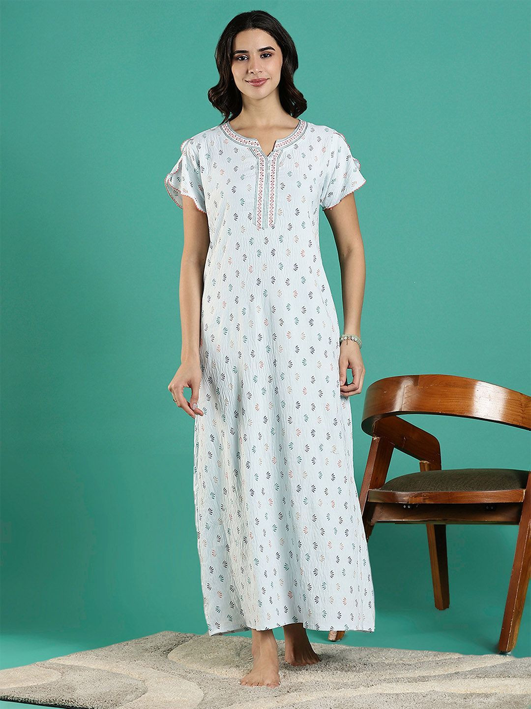 9shines Label Women Floral Printed Bamboo Feel Crush Cotton Nightdress