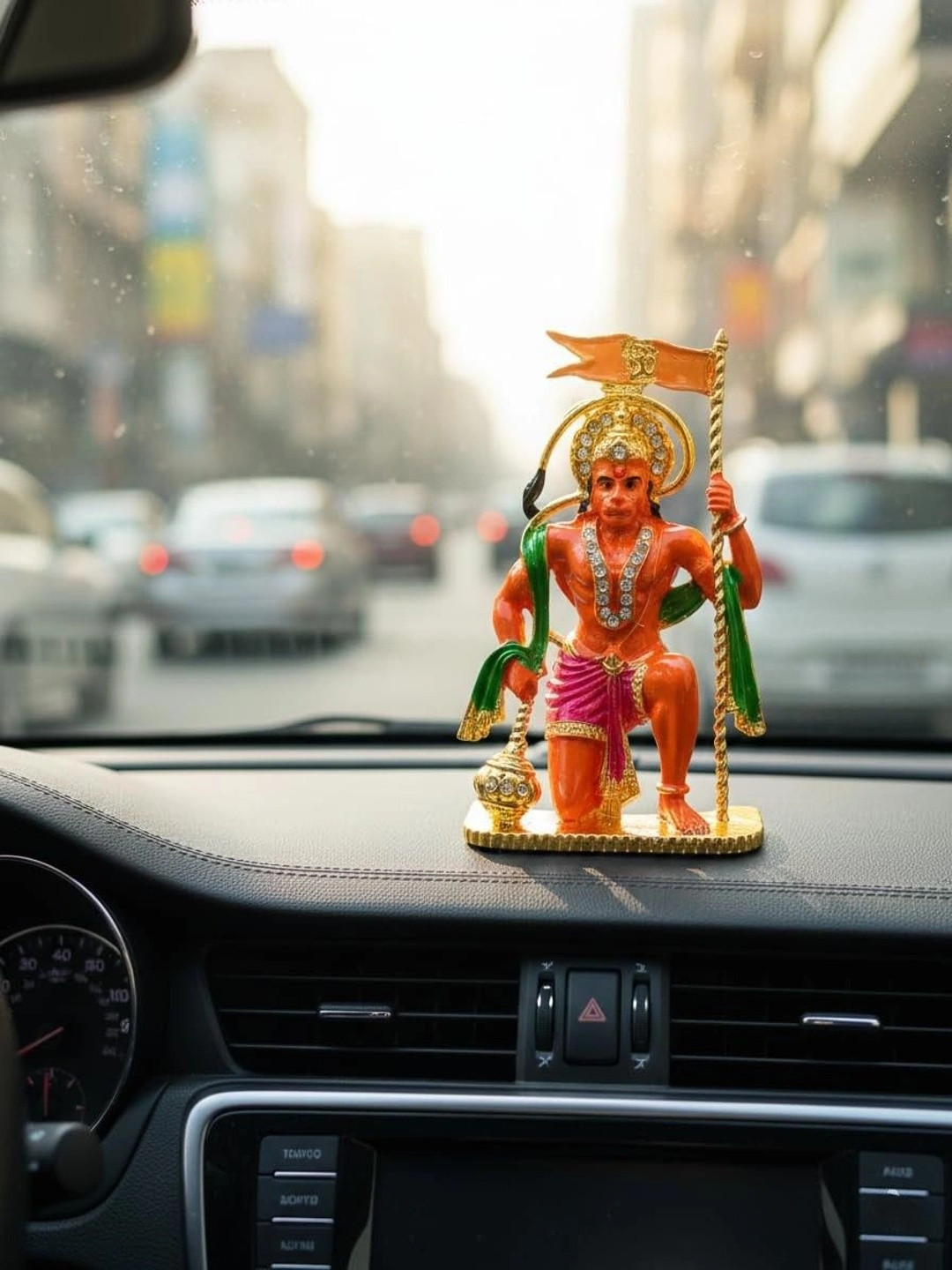 Kulin Gold-Plated & Orange Stone-Studded Lord Hanuman Idol Dashboard / Pooja Showpiece