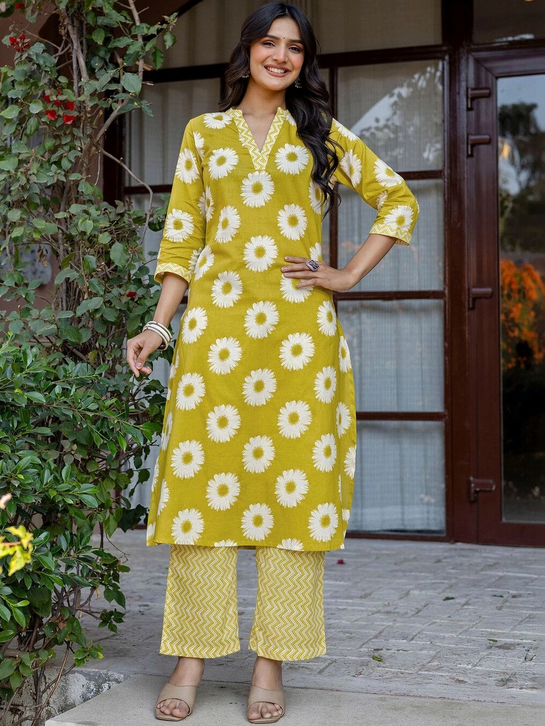 SANISA Printed Lime Green Viscose Rayon Co Ords for Women