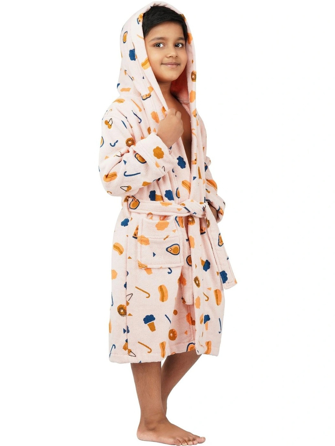 RANGOLI Pizza-Theme, 400 GSM Peach Conversational Cotton Drawstring Midi Bath Robe-11-12Y
