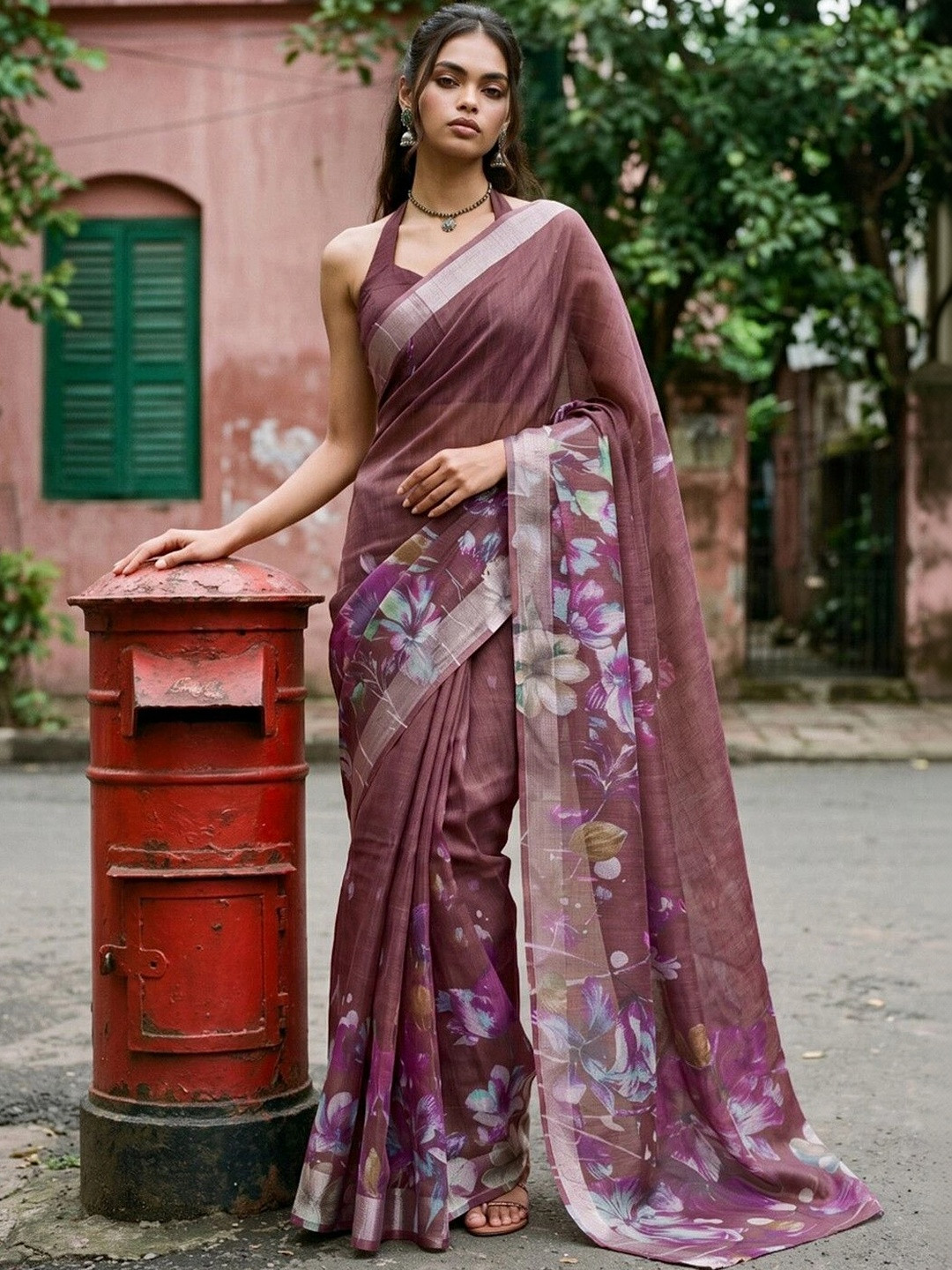 SAARA Printed Chestnut Brown Linen Ready to wear saree With Unstiched Blouse