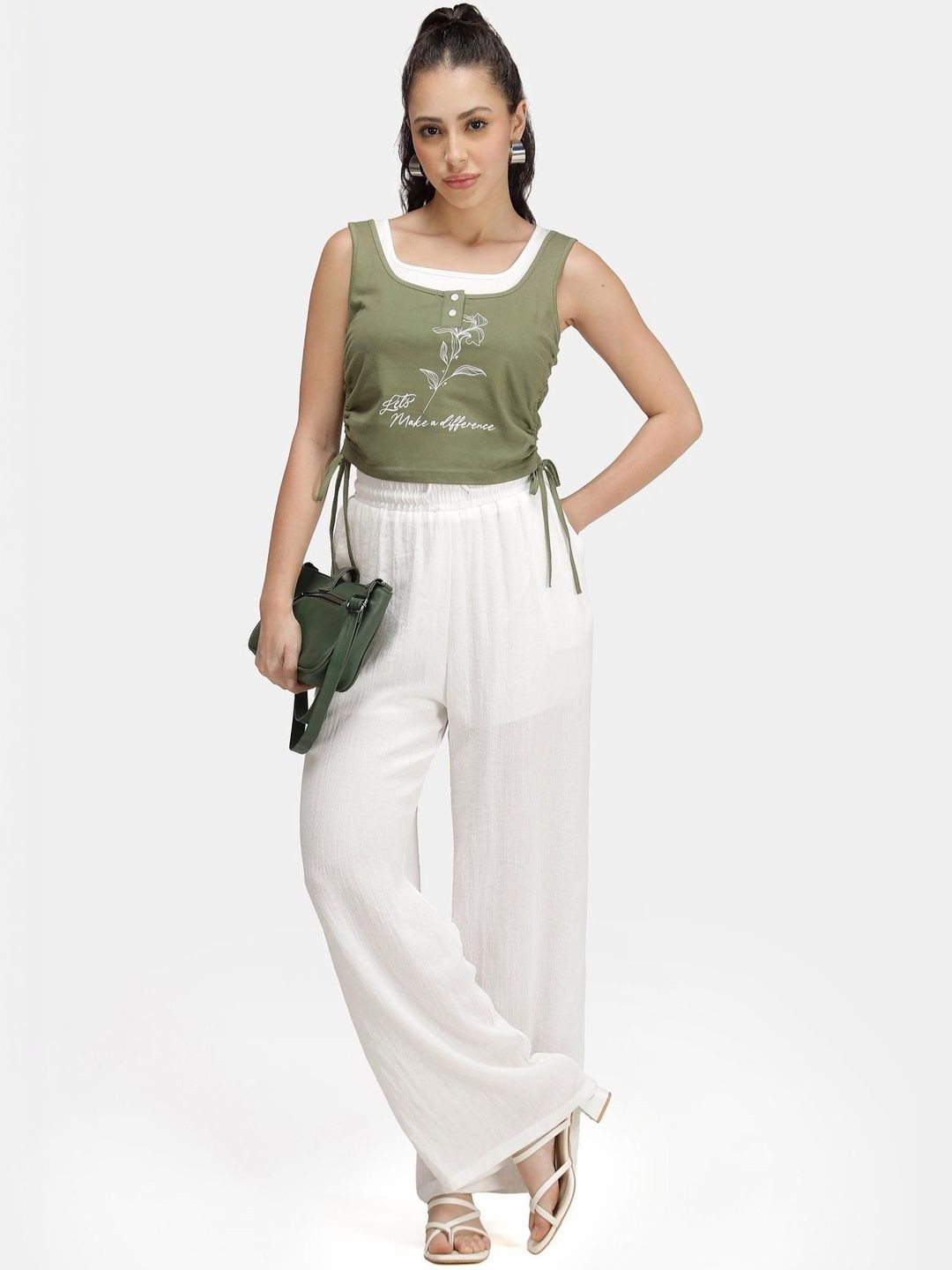 Virgio Women Printed Cotton Round Neck Sleeveless Crop Top with Drawstring