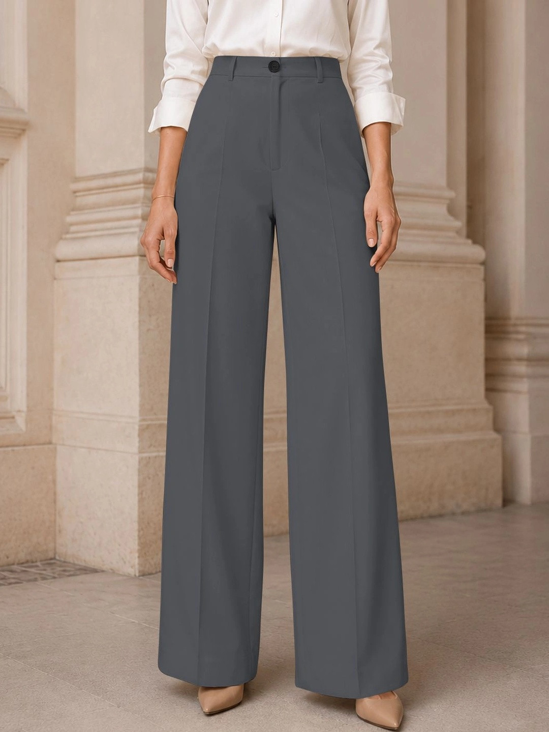 CILIMILI Women Relaxed Straight Leg High-Rise Easy Wash Trousers