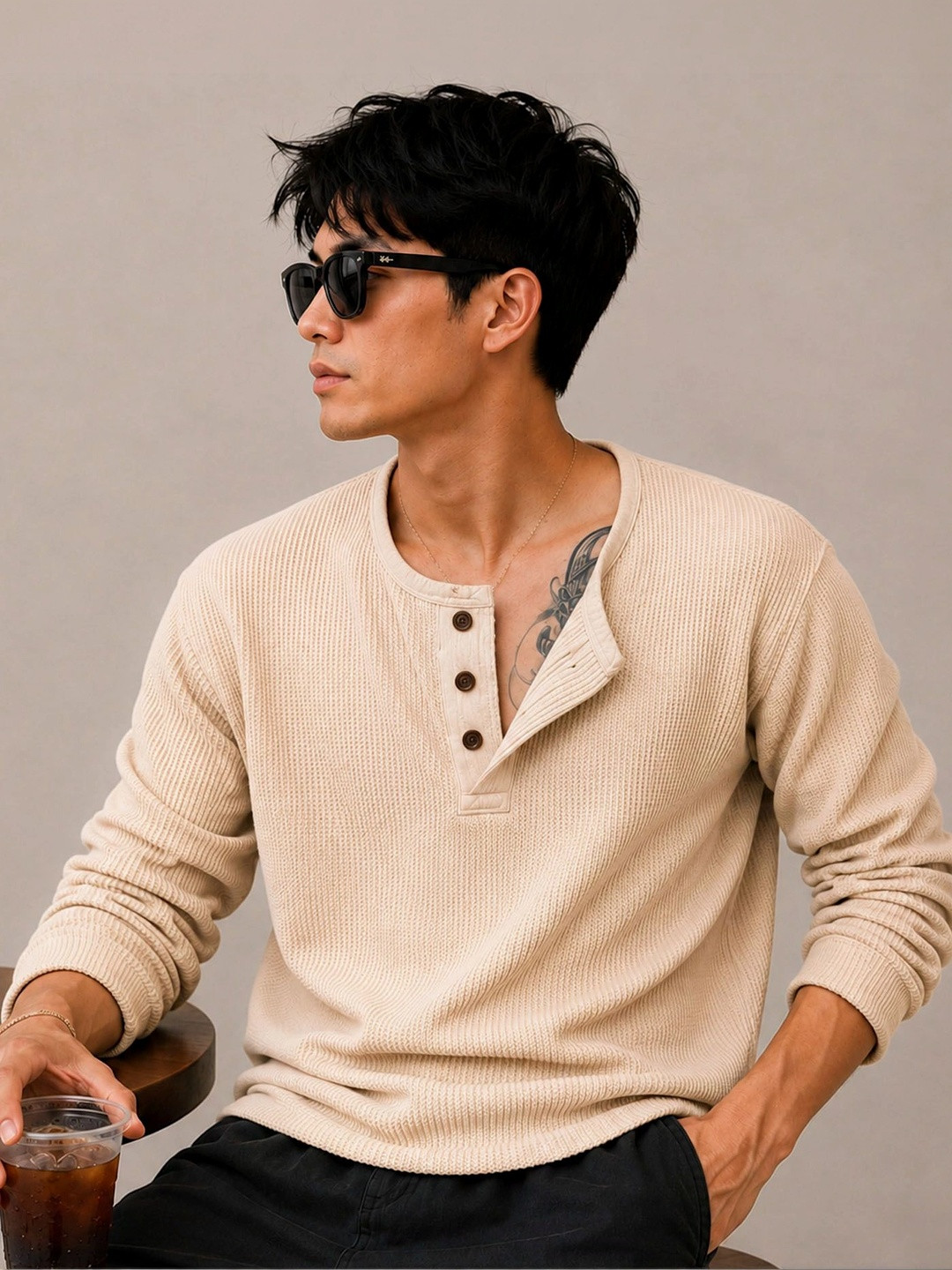 THE BEETEL HOUSE Men Henley Neck T-shirt