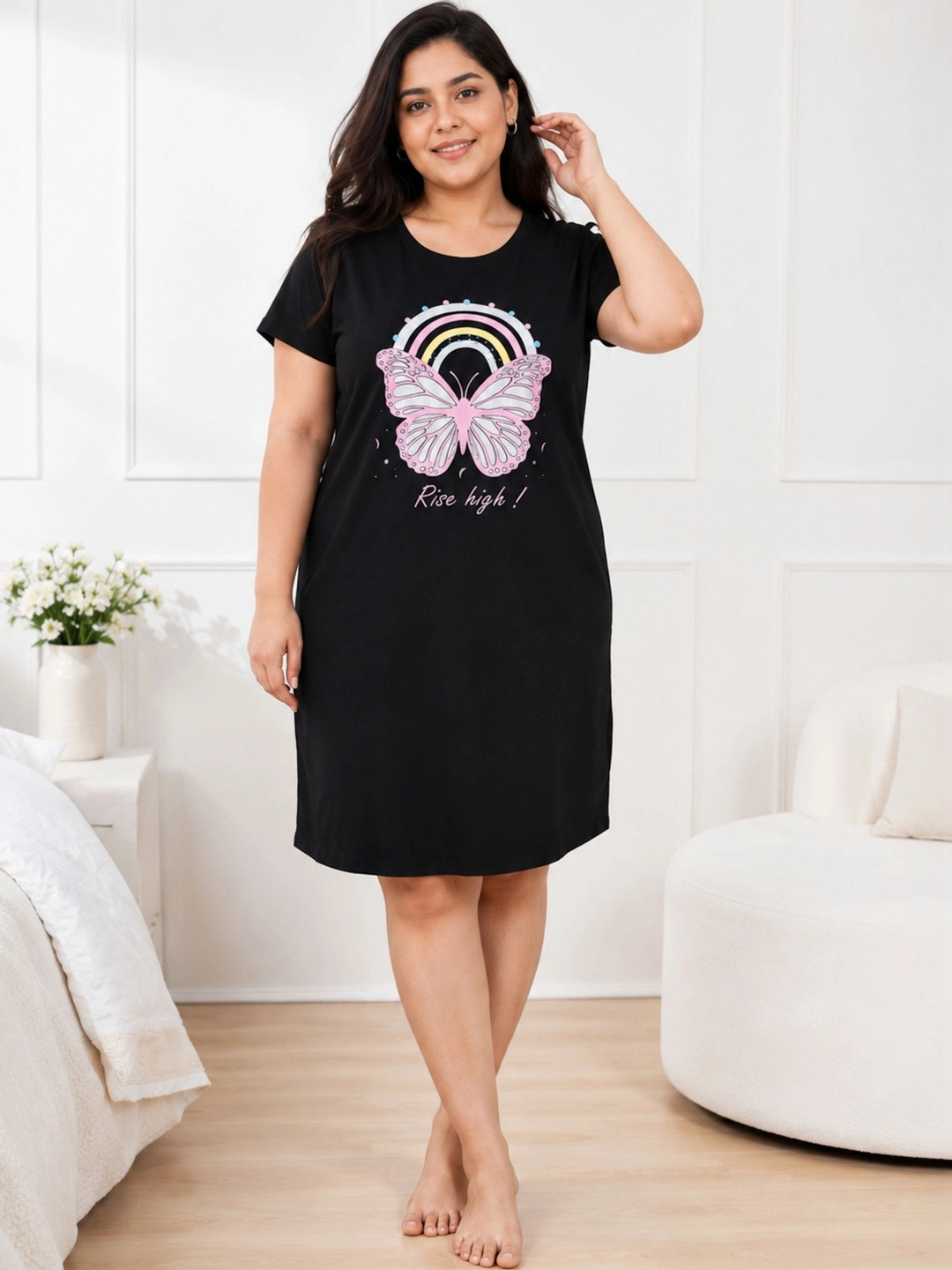 9shines Label Women Hosiery Cotton Graphic Printed Short Nightdress