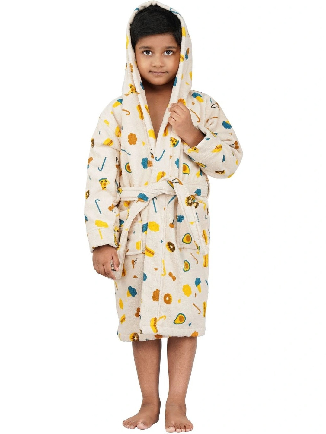 RANGOLI Pizza-Theme, 400 GSM Beige Conversational Cotton Drawstring Midi Bath Robe-5-6Y