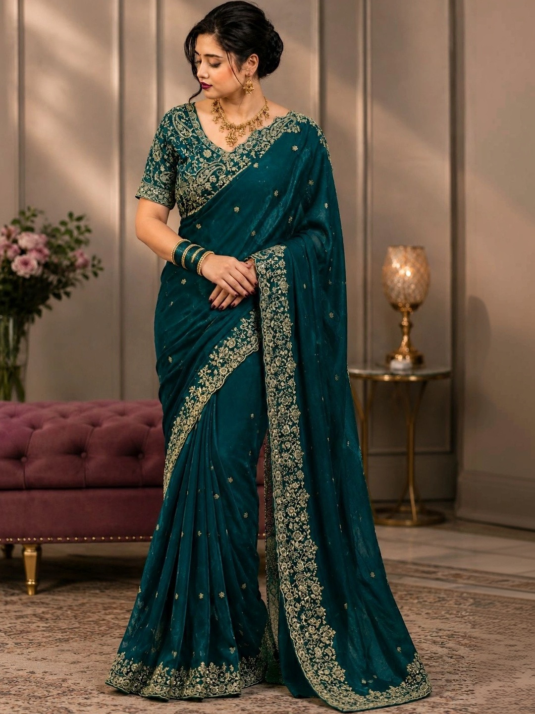 DHARMEE Ethnic Motifs Embroidered Satin Heavy Work Maheshwari Saree