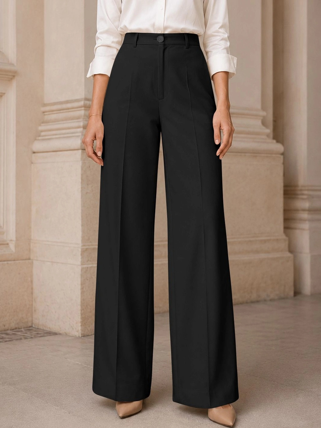 CILIMILI Women Relaxed Straight Leg Straight Fit High-Rise Easy Wash Trousers