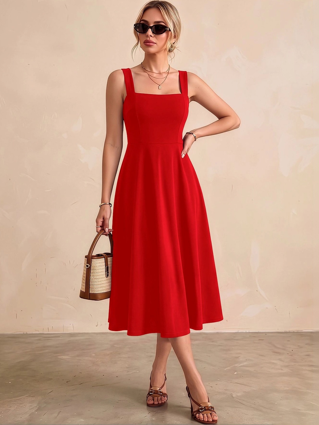 MULVARI Shoulder Straps A-Line Midi Dress