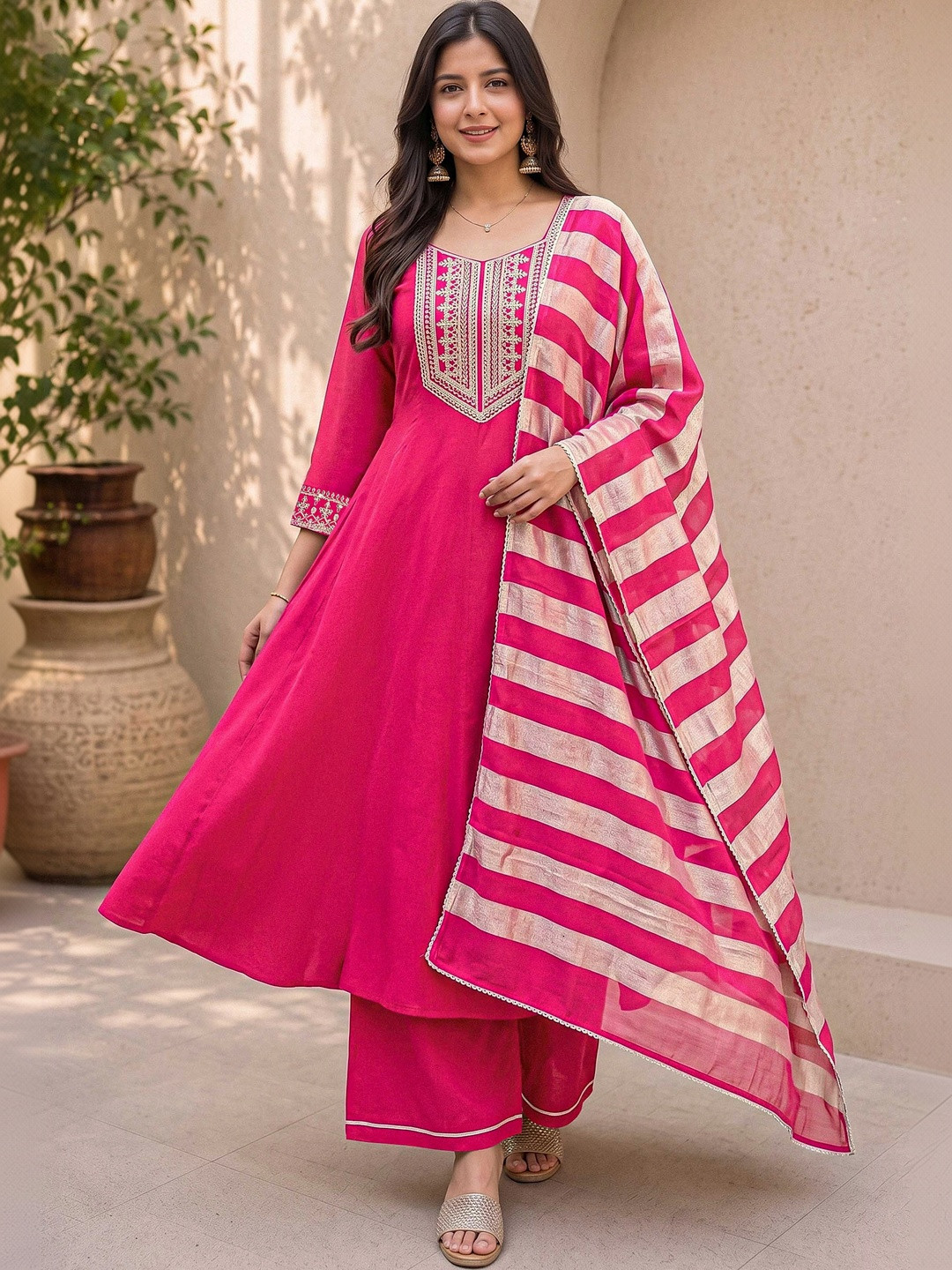 Moda Rapido Women Ethnic Motifs Embroidered Regular Thread Work Raw Silk Kurta with Palazzos & With Dupatta
