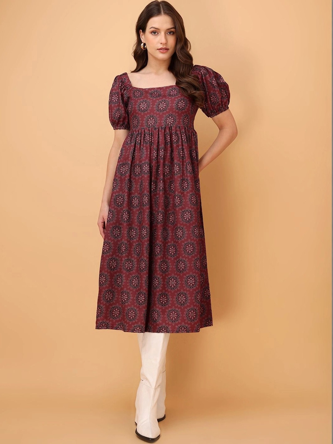 PURVAJA Women Ethnic Motifs Print Puff Sleeve A-Line Midi Dress