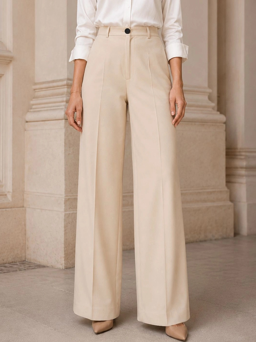 CREZYVEZY Women Relaxed Straight Leg High-Rise Easy Wash Trousers