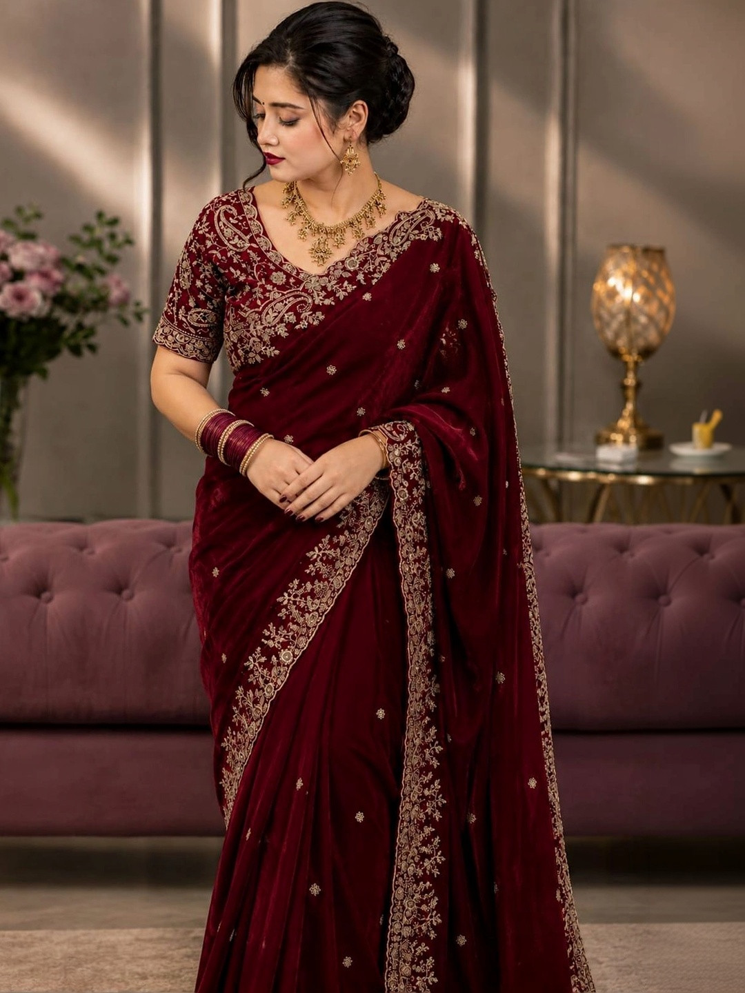 DHARMEE Ethnic Motifs Zari Satin Heavy Work Maheshwari Saree