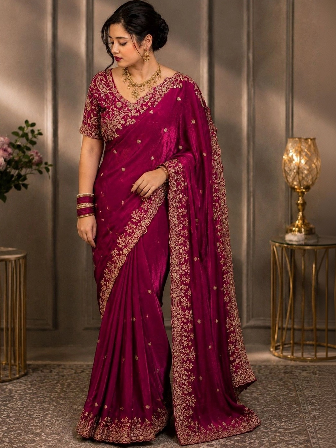 DHARMEE Ethnic Motifs Embroidered Satin Heavy Work Maheshwari Saree