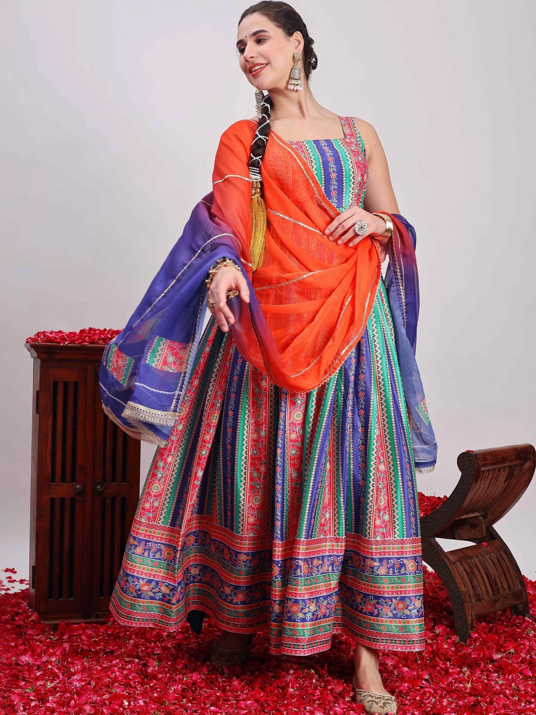 TextileNow Printed Square Neck A-Line Ethnic Dresses With Dupatta