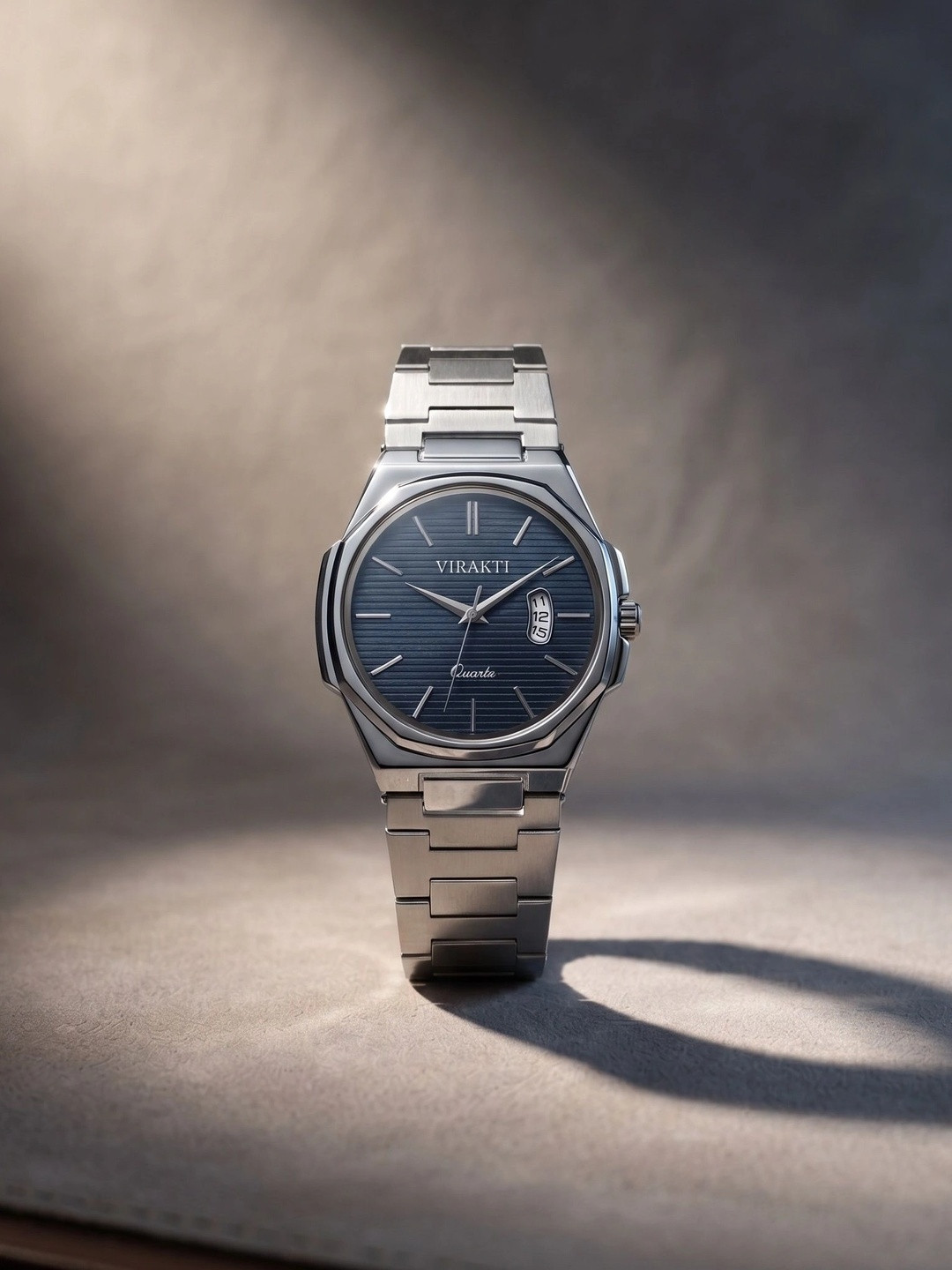 VIRAKTI Men Brass Dial & Stainless Steel Bracelet Style Straps Analogue Date Aperture Watch MEN-41-BLUE-VIR