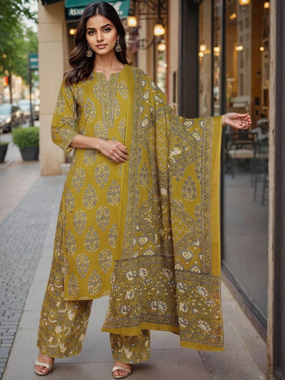 SZN Women Green Printed Pure Cotton Kurta Sets
