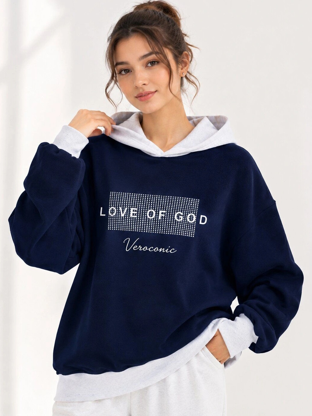 VEROCONIC Women Typography Printed Hooded Sweatshirt