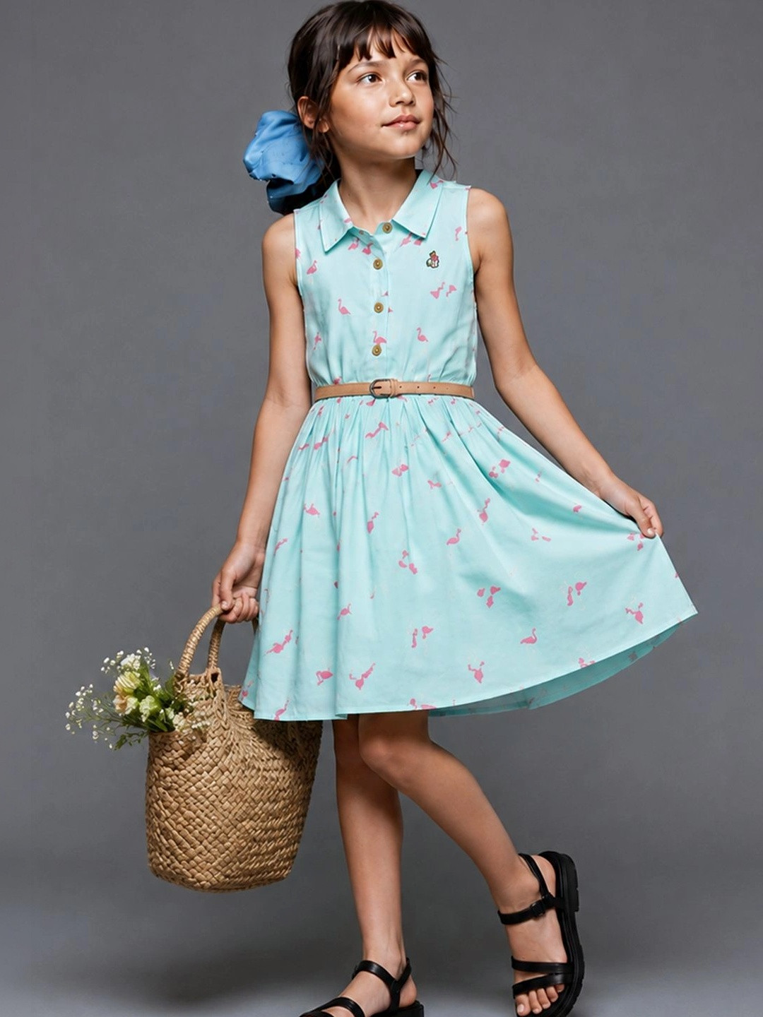 Purple United Kids Girls Aqua Flamingo Print Belted Sleeveless Dress