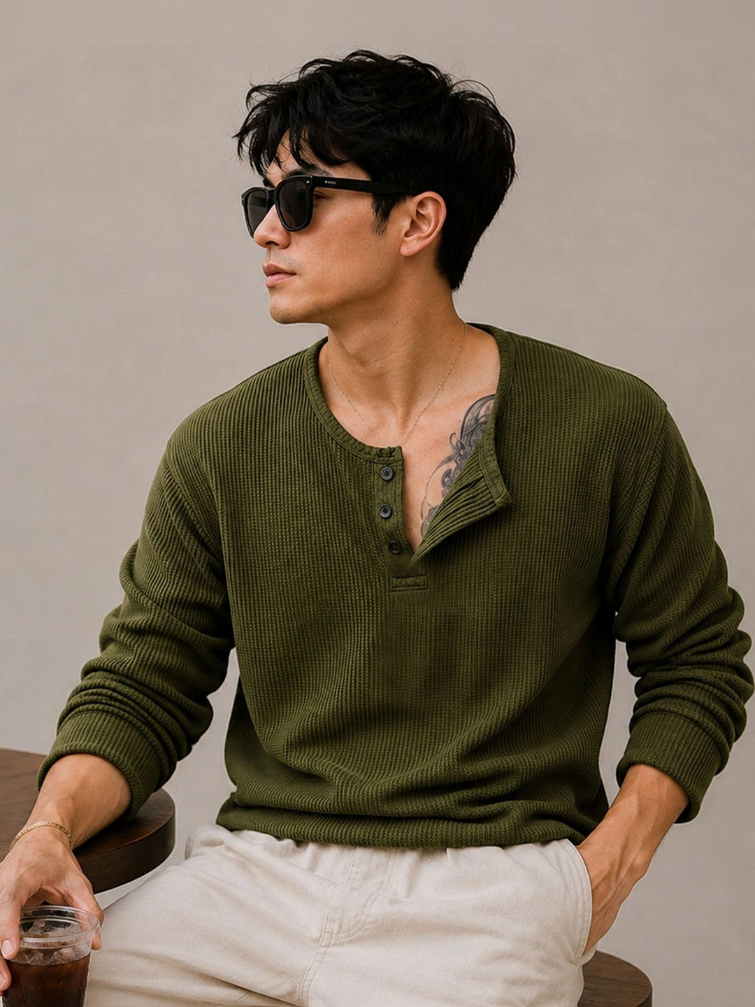 THE BEETEL HOUSE Men Henley Neck T-shirt