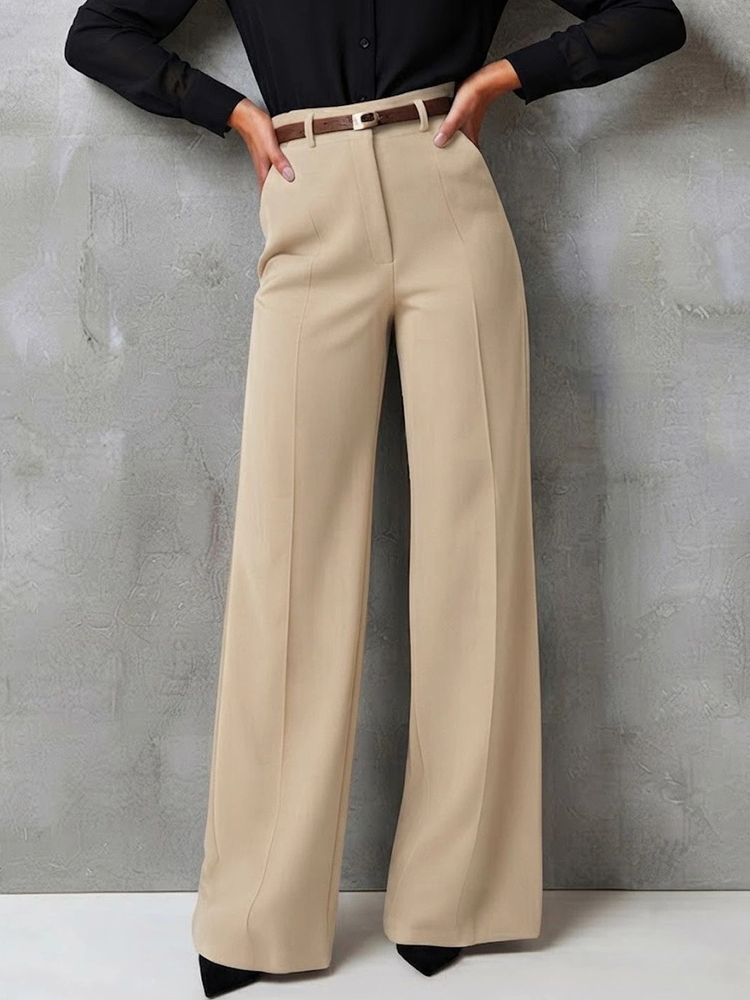 CREZYVEZY Women Relaxed Straight Leg Straight Fit High-Rise Easy Wash Trousers