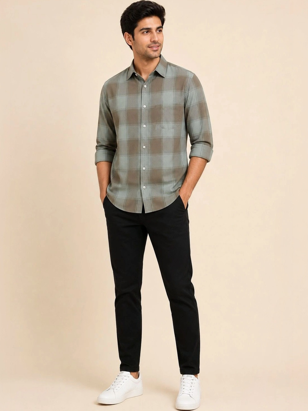 Men Regular Fit Windowpane Checked Casual Shirt