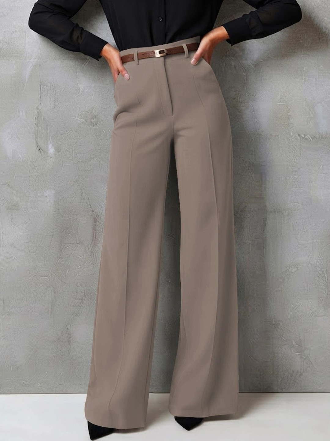 CREZYVEZY Women Relaxed Straight Leg Straight Fit High-Rise Easy Wash Trousers