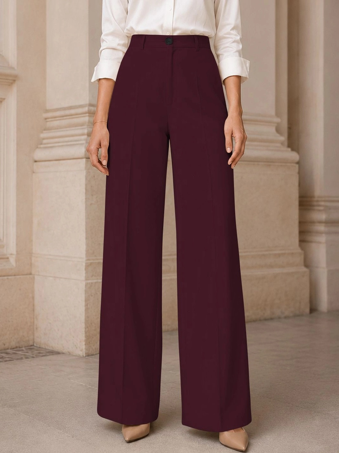 CILIMILI Women Relaxed Straight Leg Straight Fit High-Rise Easy Wash Trousers