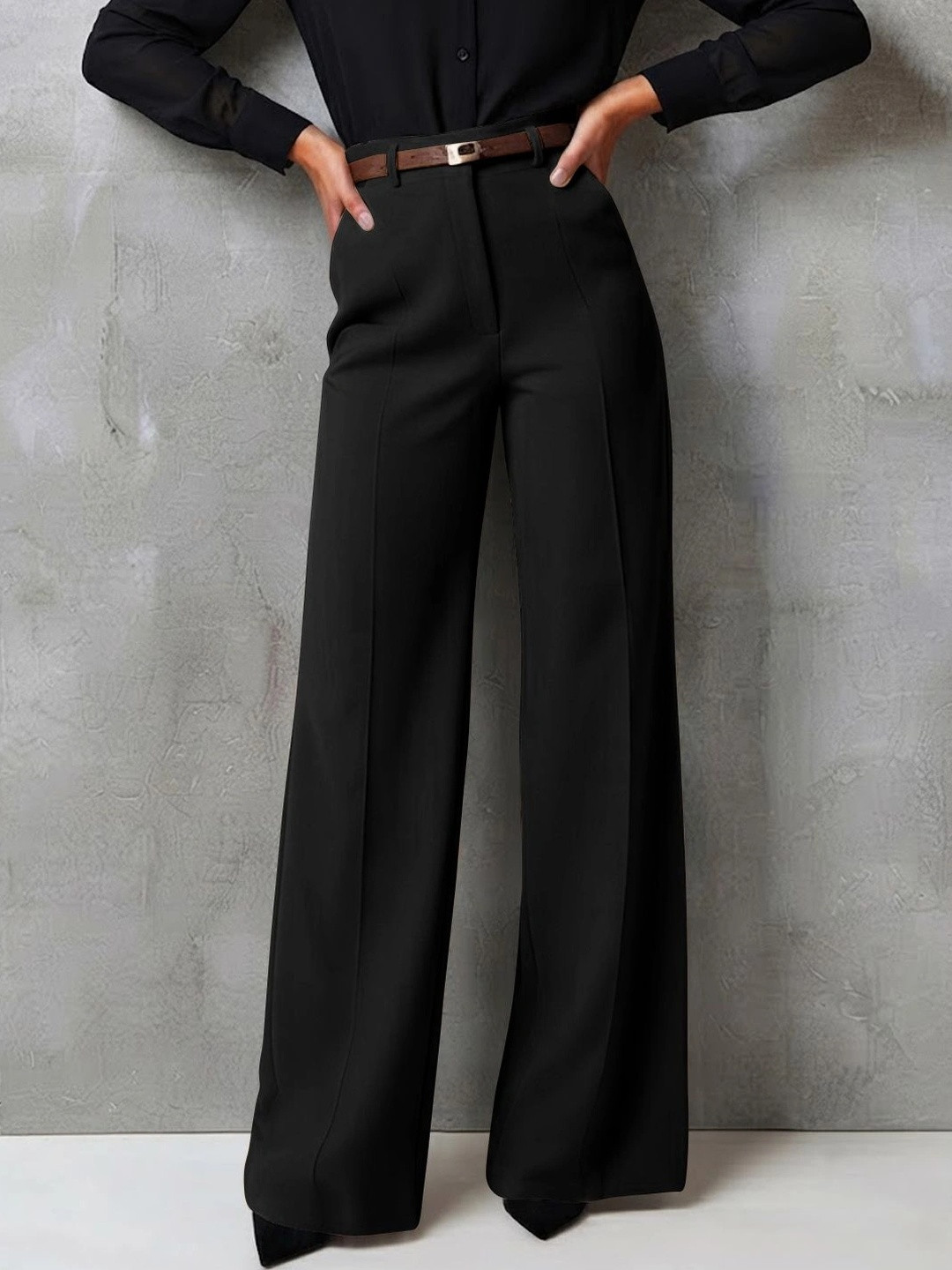 CREZYVEZY Women Relaxed Straight Leg Straight Fit High-Rise Easy Wash Trousers