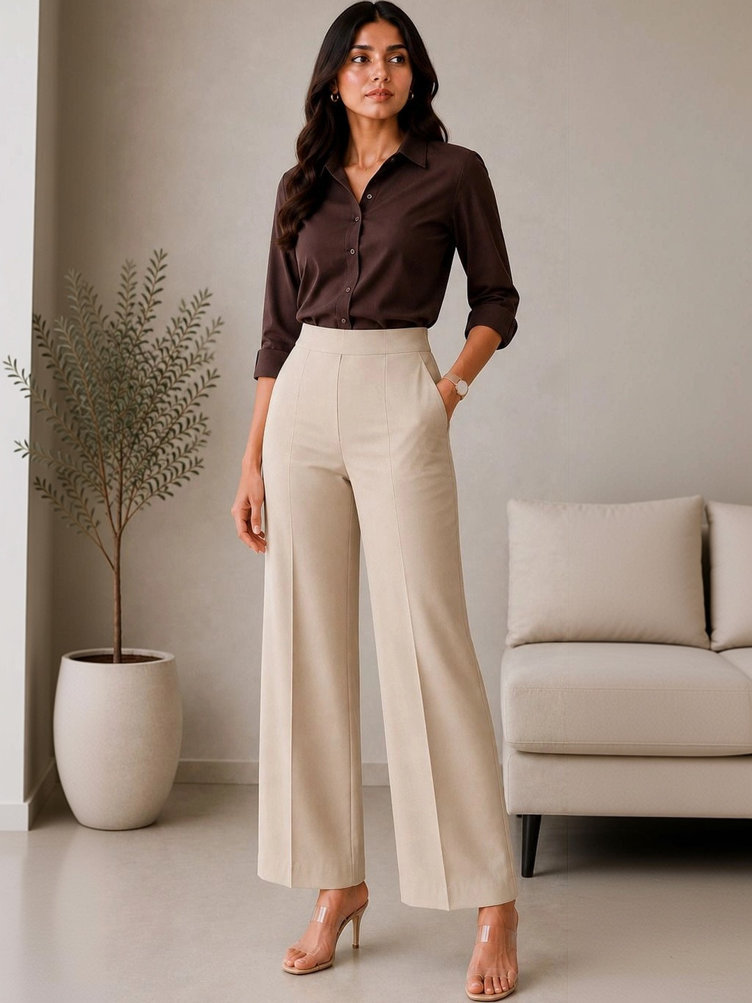 7OUNCE Women Relaxed Straight Leg High-Rise Trousers