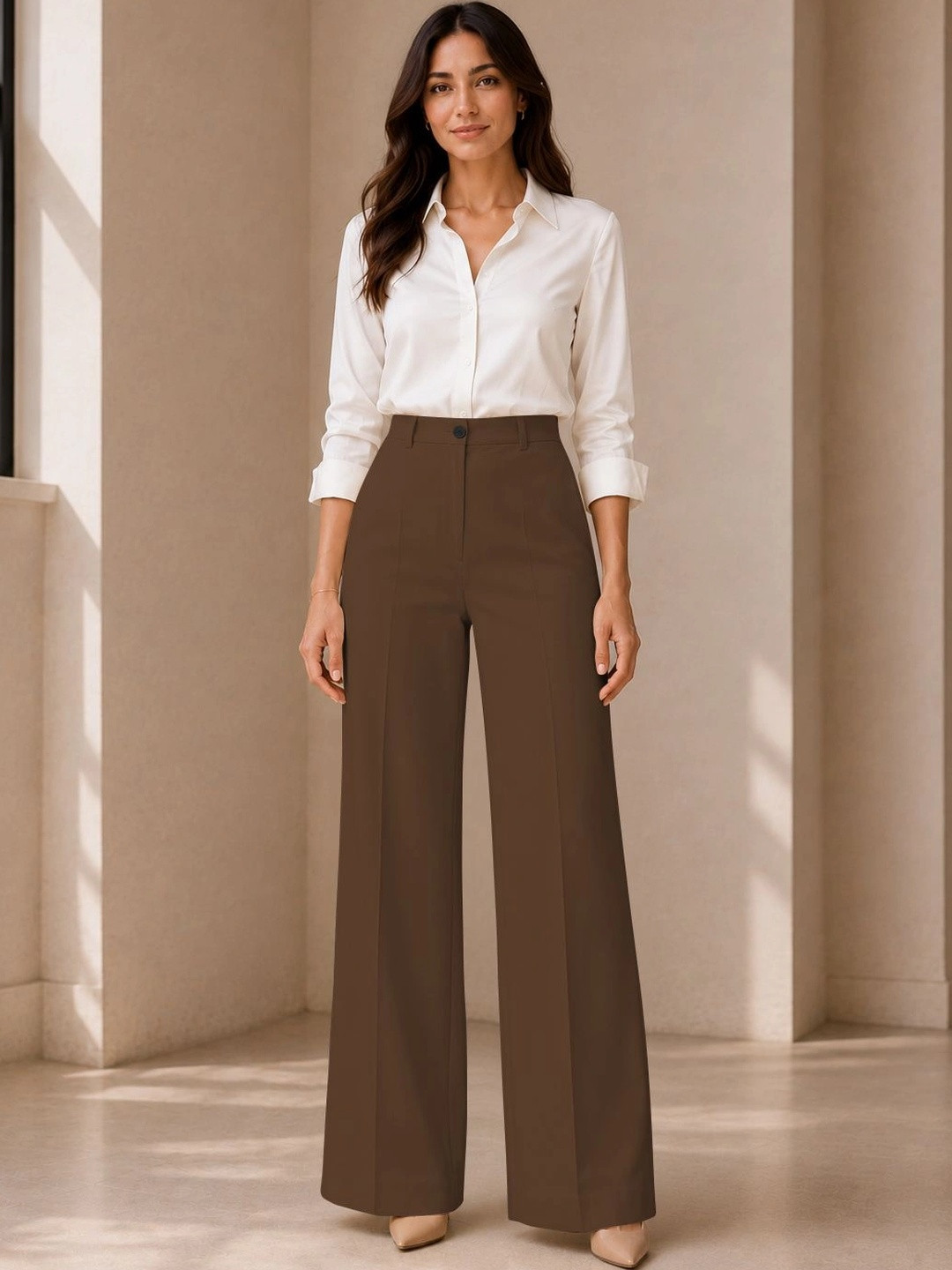 CILIMILI Women Relaxed Straight Leg Straight Fit High-Rise Easy Wash Trousers
