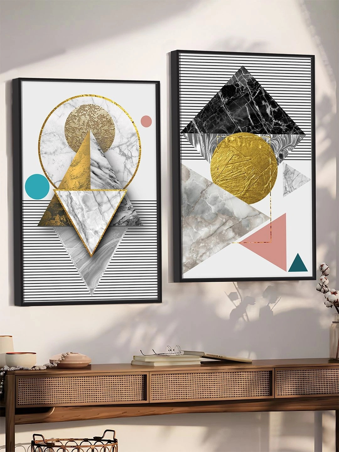 Art Street 2 Pieces Abstract Geometric Framed Canvas Wall Art Painting 23x35 In