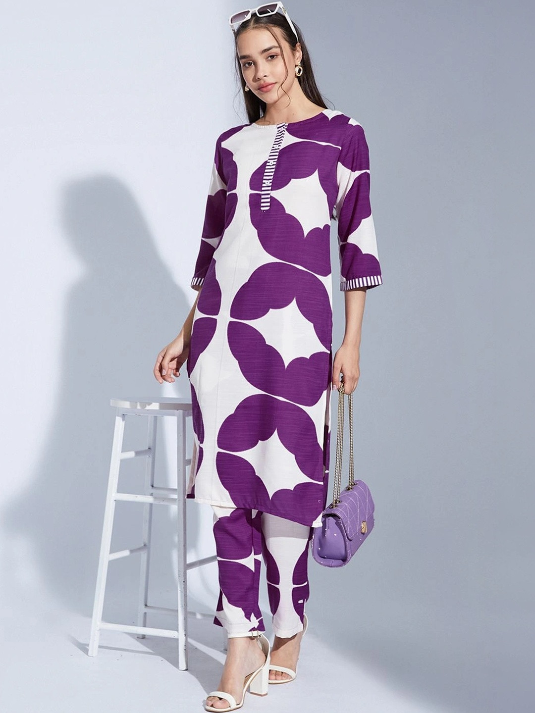 SKYLEE Printed Purple Cotton Blend Co Ords for Women