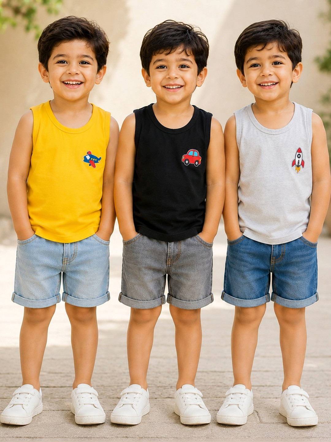 KidBee Pack Of 3 Unisex Cartoon Printed Round Neck Cotton Basic Vests