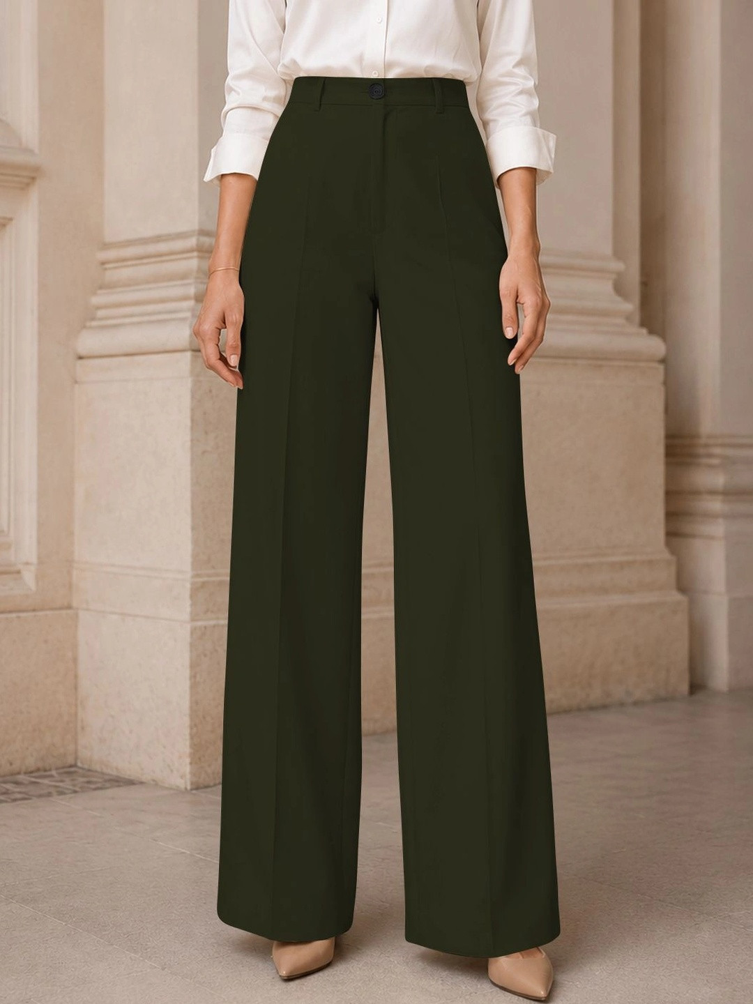 CILIMILI Women Relaxed Straight Leg Straight Fit High-Rise Easy Wash Trousers
