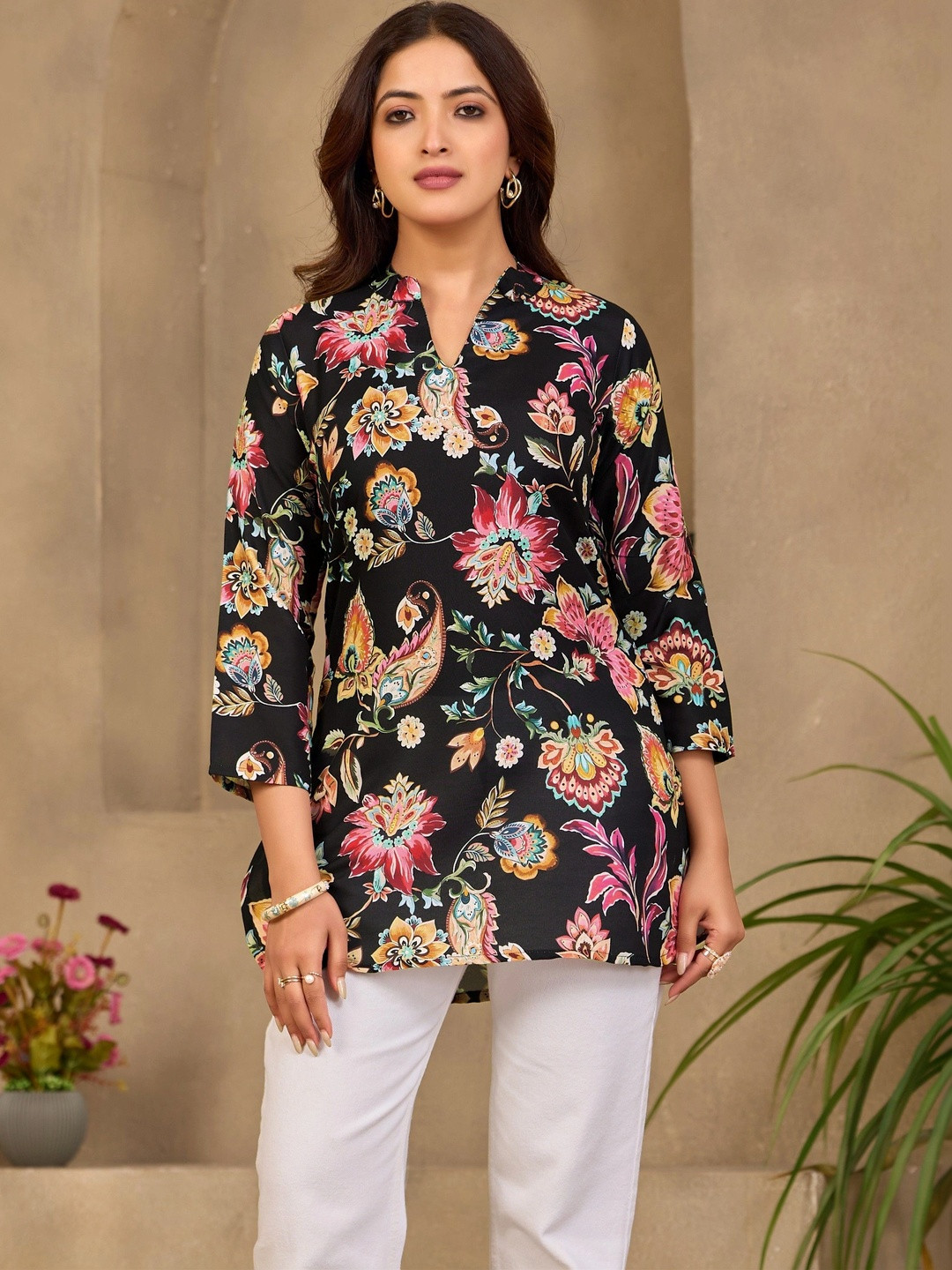 Klotden Viscose Rayon Mandarin Collar Printed Tunic