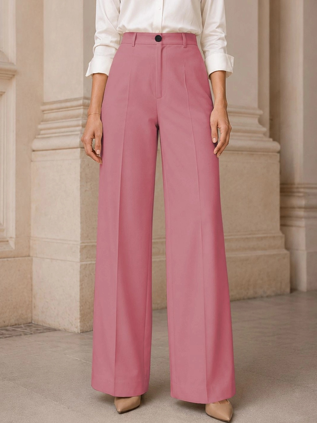 CILIMILI Women Relaxed Straight Leg Straight Fit High-Rise Easy Wash Trousers