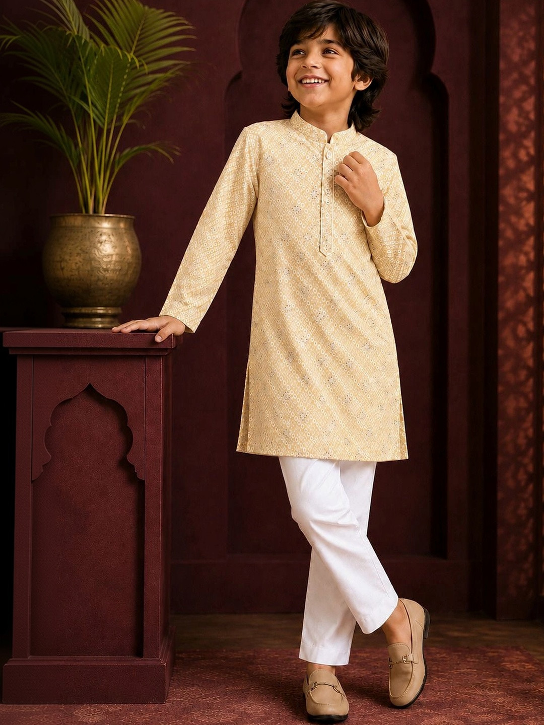 NATIONAL LEBASH Boys Ethnic Motifs Printed Regular Pure Cotton Kurta with Trousers