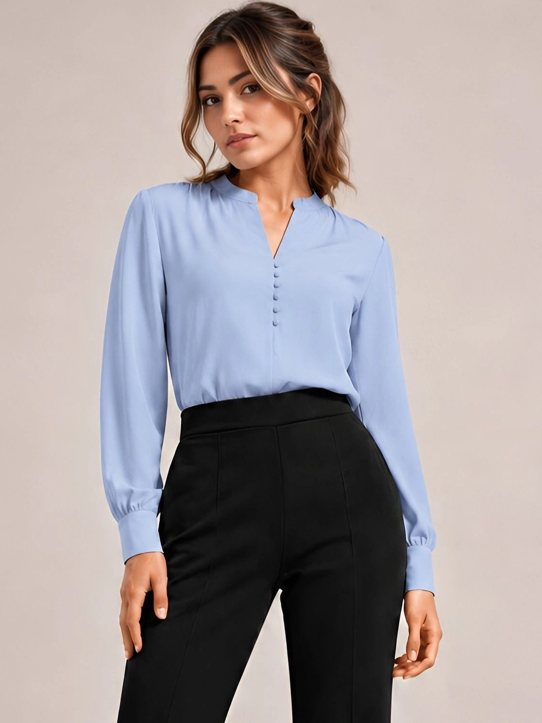 STYLE STAMP Women Cotton Solid Band Collar Top