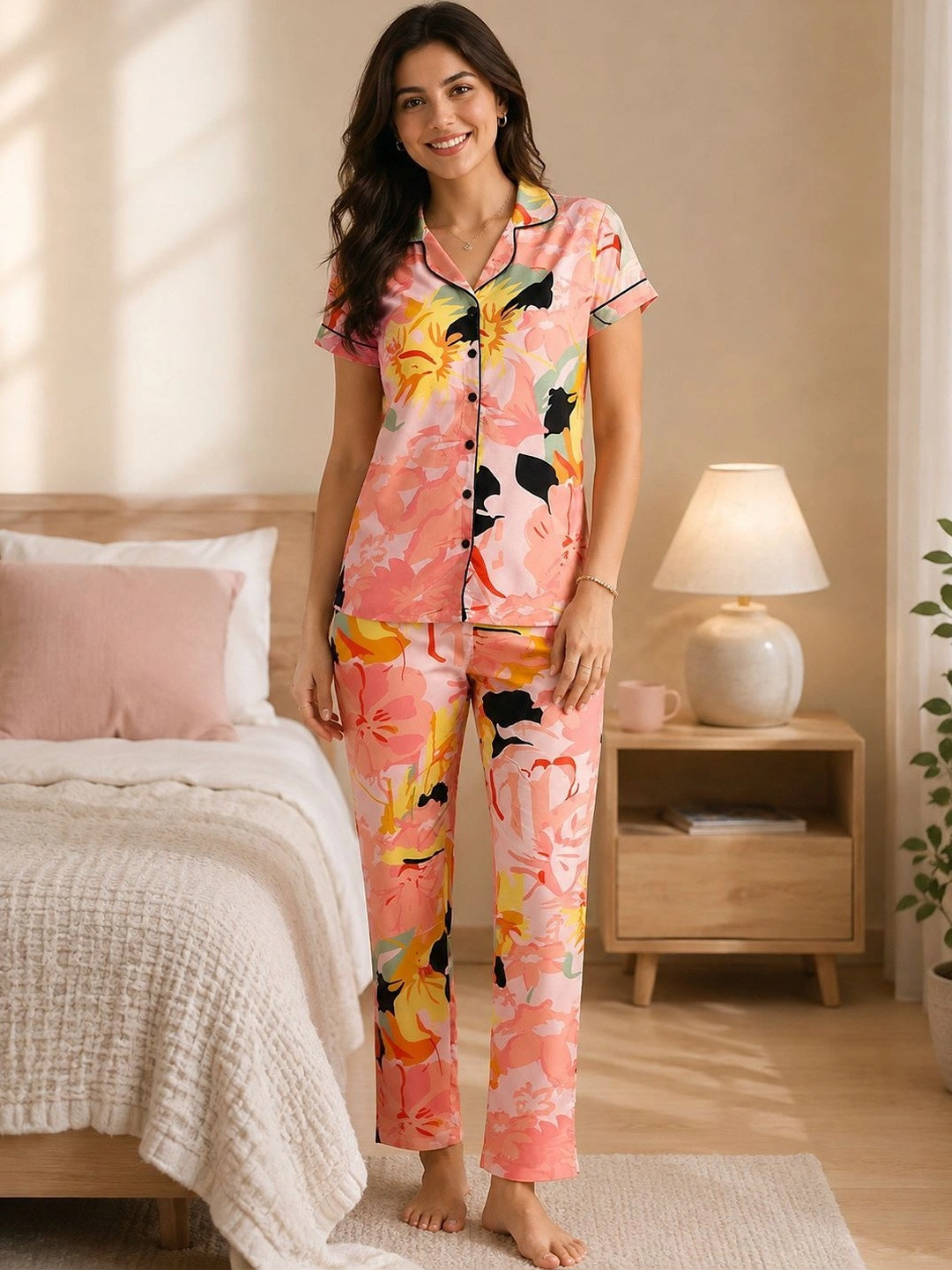 Claura Women Peach-Coloured & Black Printed Night Suit