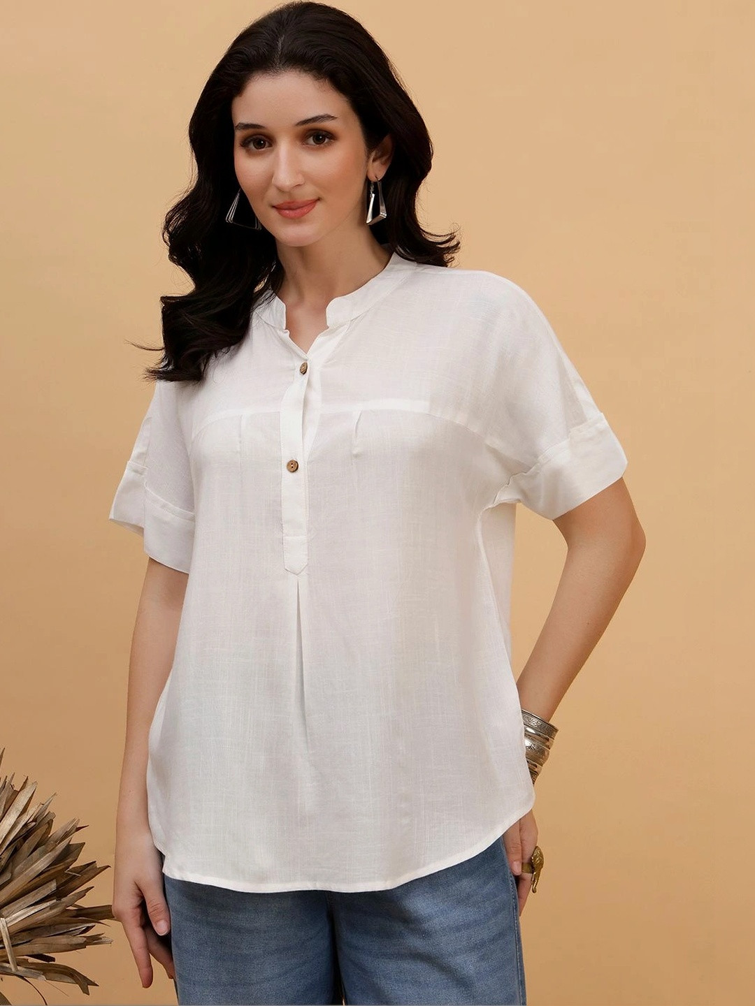 Maaesa Women Solid Rayon Top with Mandarin Collar