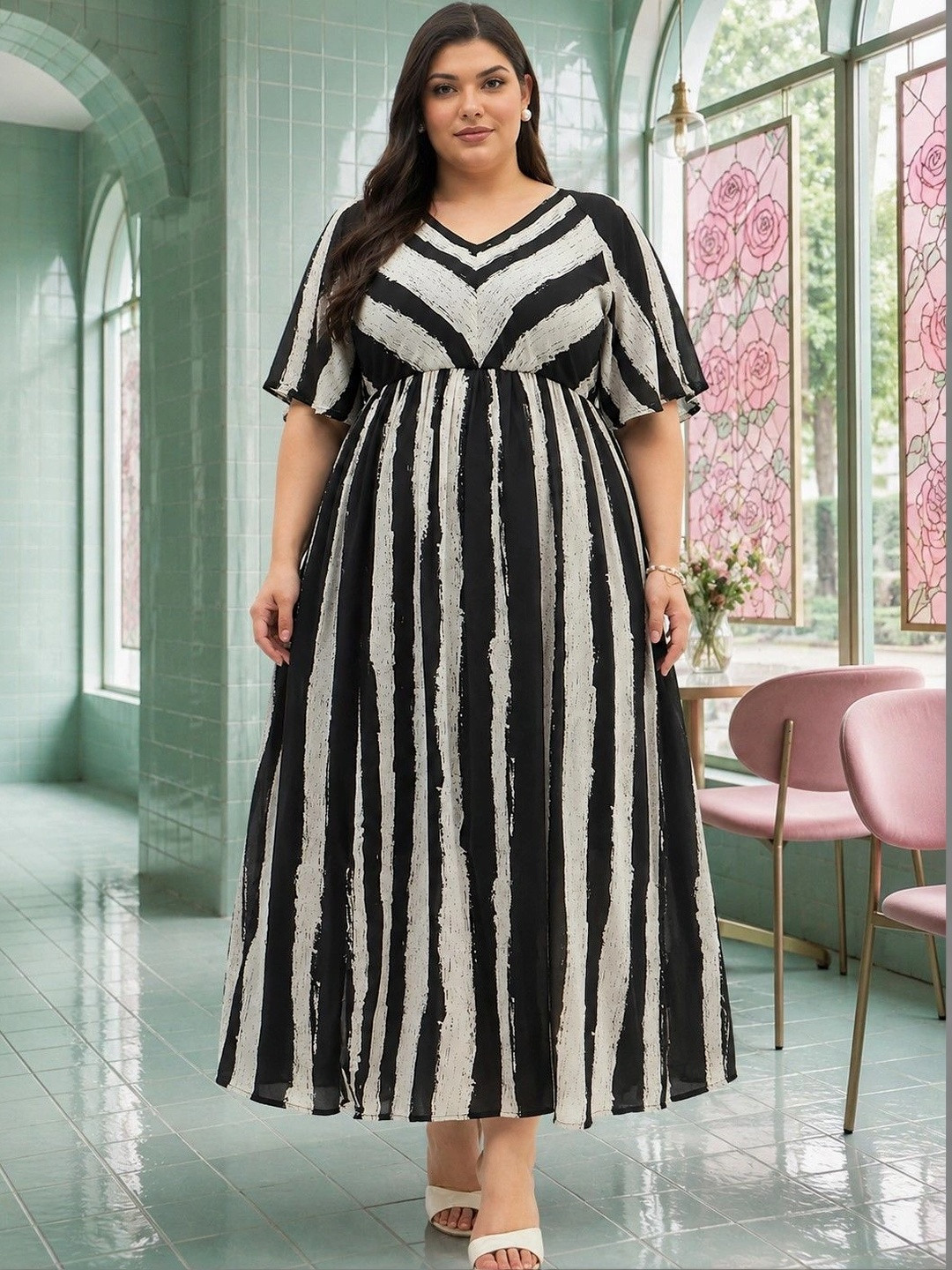 DressBerry Curve Print Flared Sleeve Georgette A-Line Midi Dress